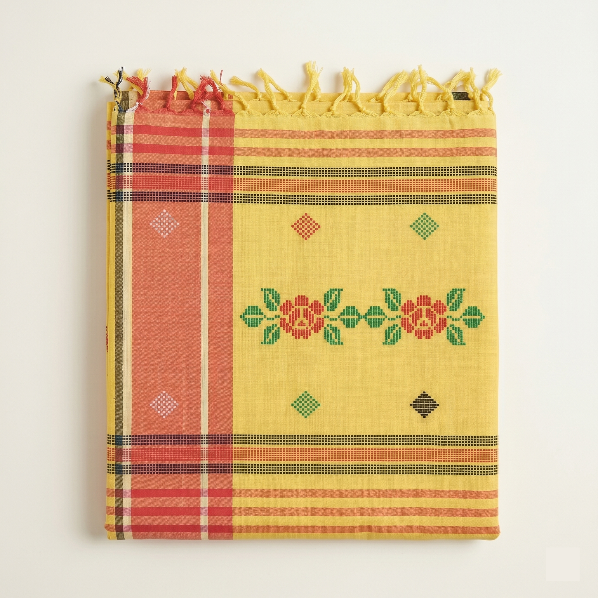 ARAYA Bawan Buti Handloom Saree – Sunlit Yellow with Floral Motifs & Dual-Tone Border